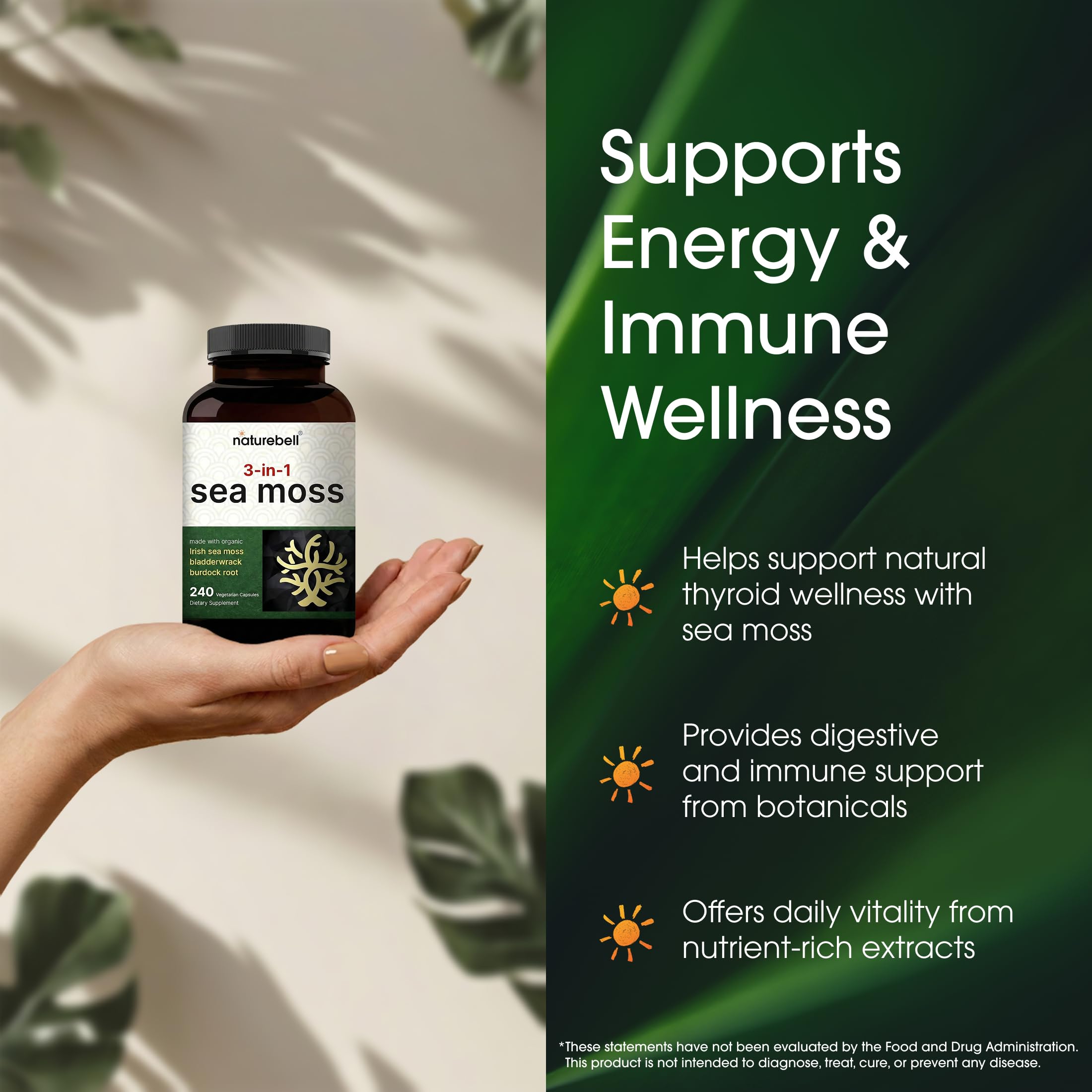 NatureBell 3-in-1 Sea Moss - 240 Vegetarian Capsules - Sea Moss Complex with Organic Bladderwrack & Organic Burdock Root - Healthy Digestion, Vitality & Immune Support*