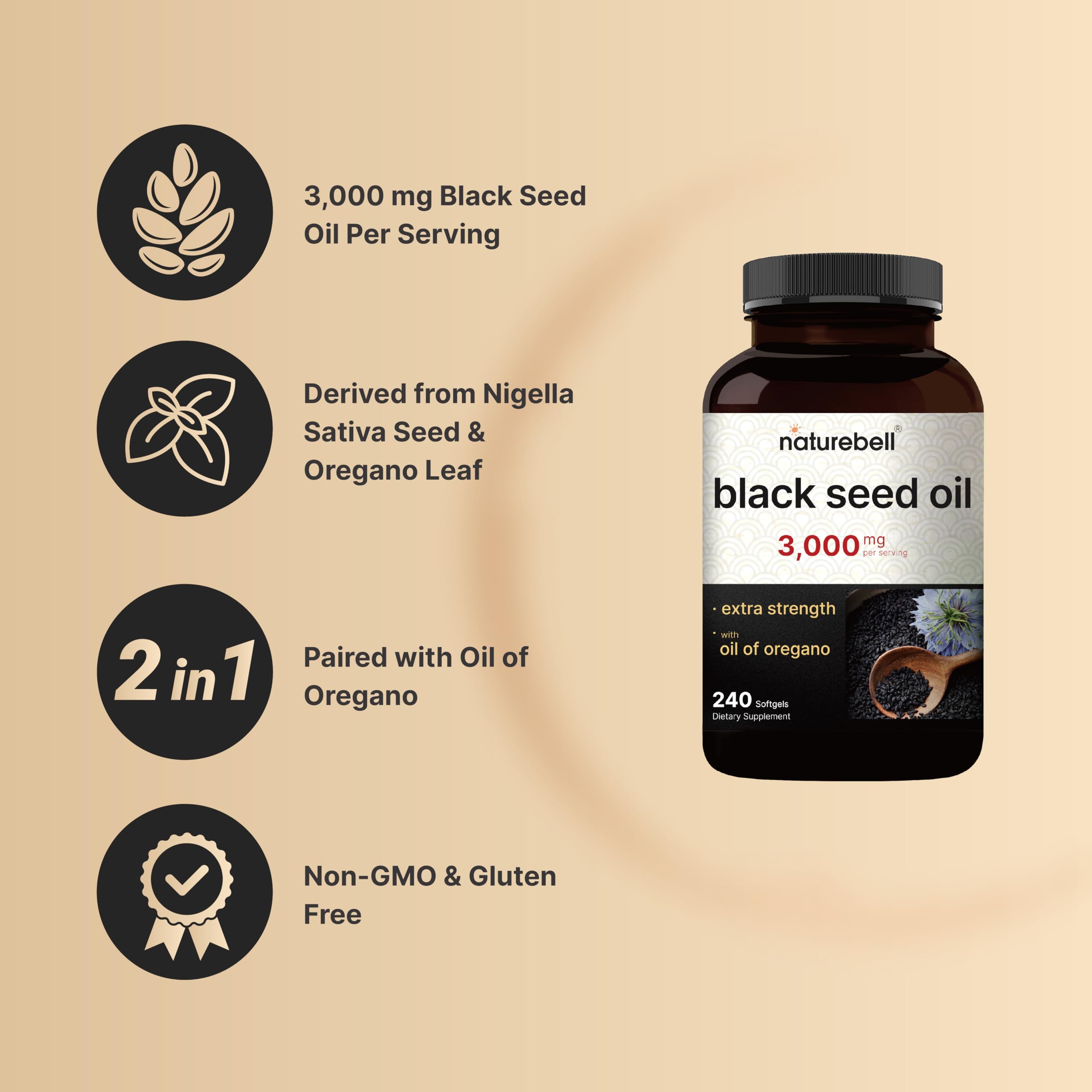 NatureBell Black Seed Oil Softgels, 3,000mg per Serving, 240 Count – 2-in-1 Formula with Oil of Oregano, Carvacrol & Thymoquinone – Nigella Sativa Producing Black Cumin Seed Oil – Non-GMO