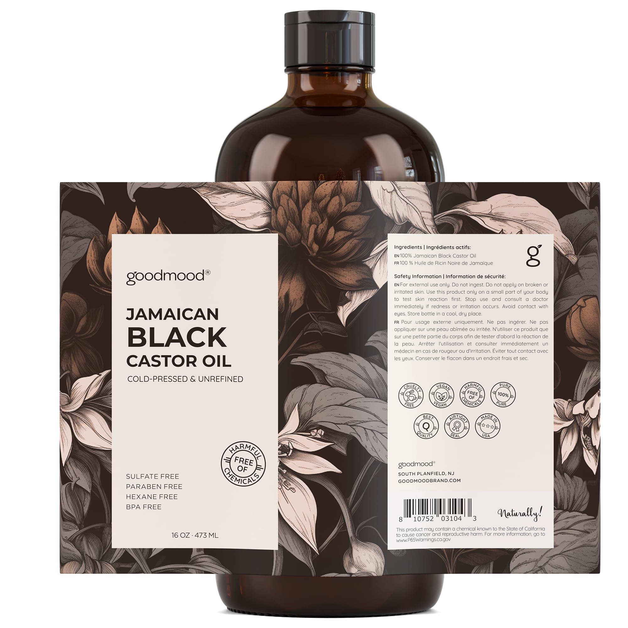 GOODMOOD Jamaican Black Castor Oil, 16 oz, Organic Cold Pressed Unrefined, Pure Castor Oil for Hair Growth, Skin Care, and Belly Fat