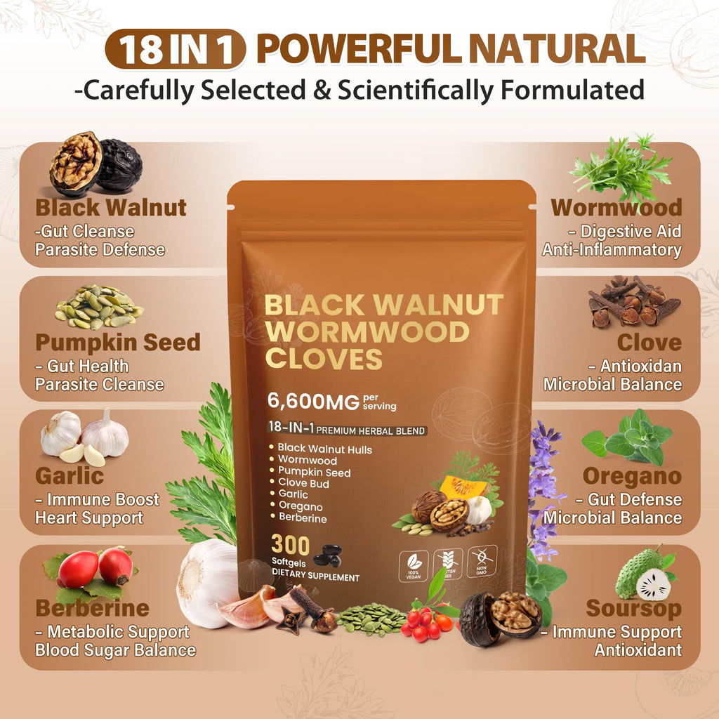18-in-1 Black Walnut Wormwood Cloves,Rapid Gut Cleanse & Detox ,Digestive Support& Liver Health with Garlic, Turmeric, Pumpkin Seed, Oregano, Berberine | Soy-Free,Gentle Nourishing Gut Formula,300 ct