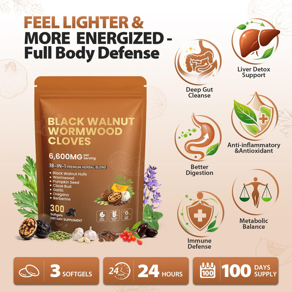 18-in-1 Black Walnut Wormwood Cloves,Rapid Gut Cleanse & Detox ,Digestive Support& Liver Health with Garlic, Turmeric, Pumpkin Seed, Oregano, Berberine | Soy-Free,Gentle Nourishing Gut Formula,300 ct