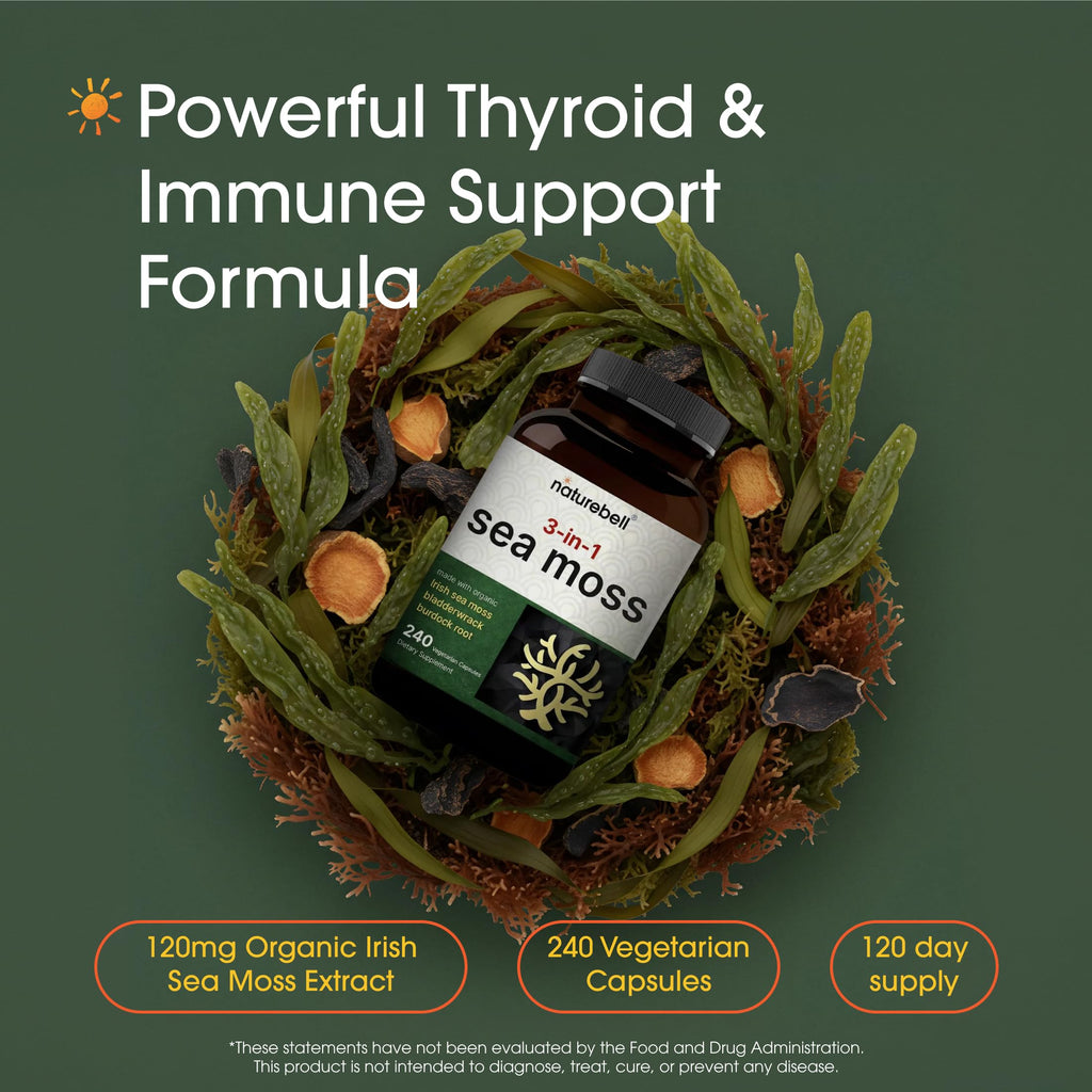 NatureBell 3-in-1 Sea Moss - 240 Vegetarian Capsules - Sea Moss Complex with Organic Bladderwrack & Organic Burdock Root - Healthy Digestion, Vitality & Immune Support*